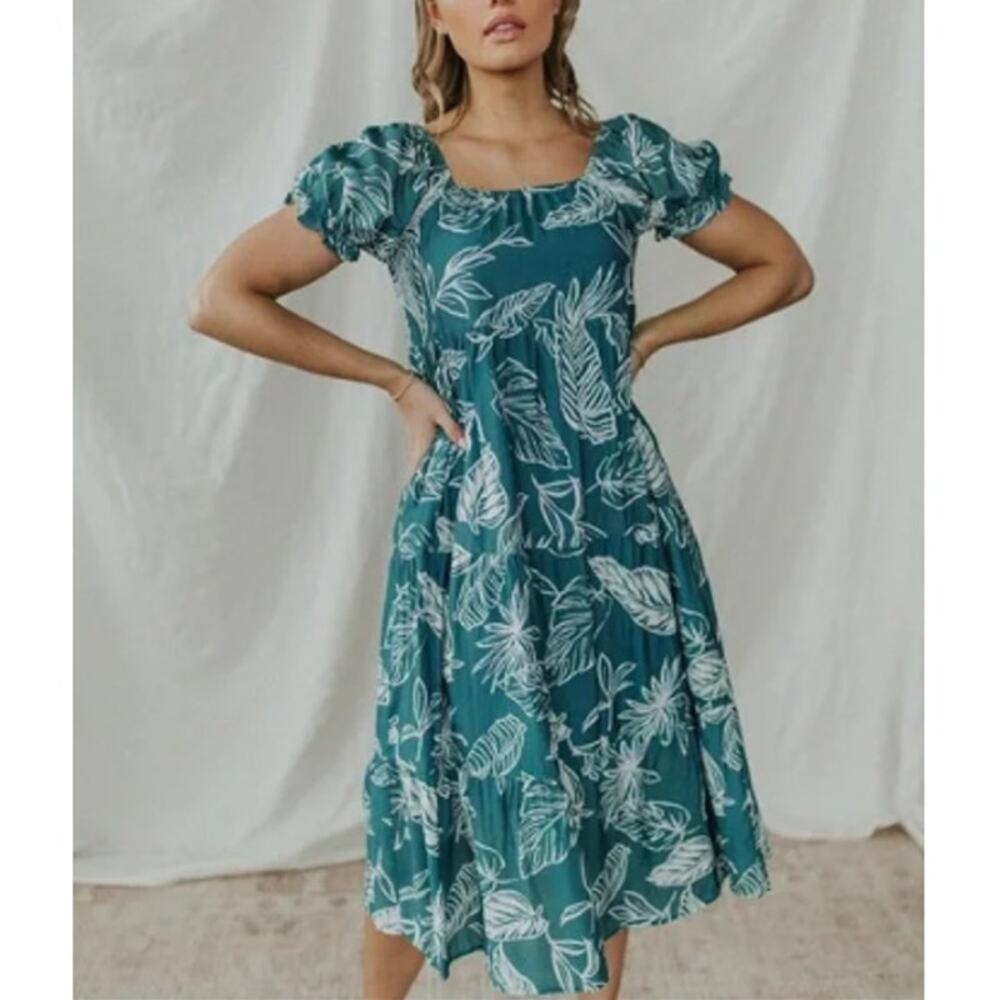 POLAGRAM Tropical Leaf Print Tiered Summer Green Dress Women's Plus Size 3XL
